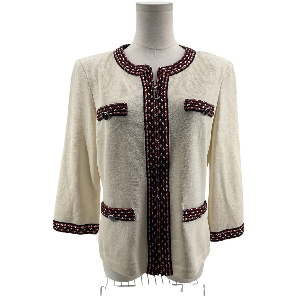 St. John Collection Sweater Full Zip Womens 6 White Wool Rayon Polyester Acrylic
